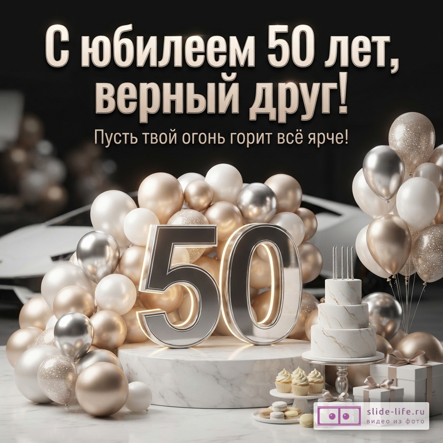 Фон черный, надпись бежевыми буквами «С юбилеем 50 лет, верный друг! Пусть твой огонь горит всё ярче!». Внизу композиция из шаров белого, золотого и серебряного цвета, цифры 50 серебряного цвета, белый торт, капкейки, макаруны, подарки.