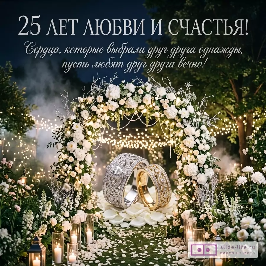 Тёмно-синий вечерний фон, цветочная арка с белыми цветами, свечи и два обручальных кольца. Текст: «25 ЛЕТ ЛЮБВИ И СЧАСТЬЯ! Сердца, которые выбрали друг друга однажды, пусть любят друг друга вечно!»