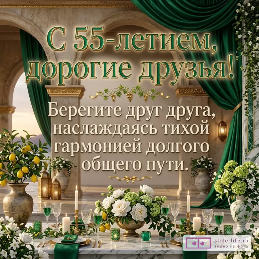 Открытка с текстом «С 55-летием, дорогие друзья! Берегите друг друга, наслаждаясь тихой гармонией долгого общего пути.» бежевый фон, зеленые шторы, арки, цветы, свечи, бокалы, лимоны, виноград