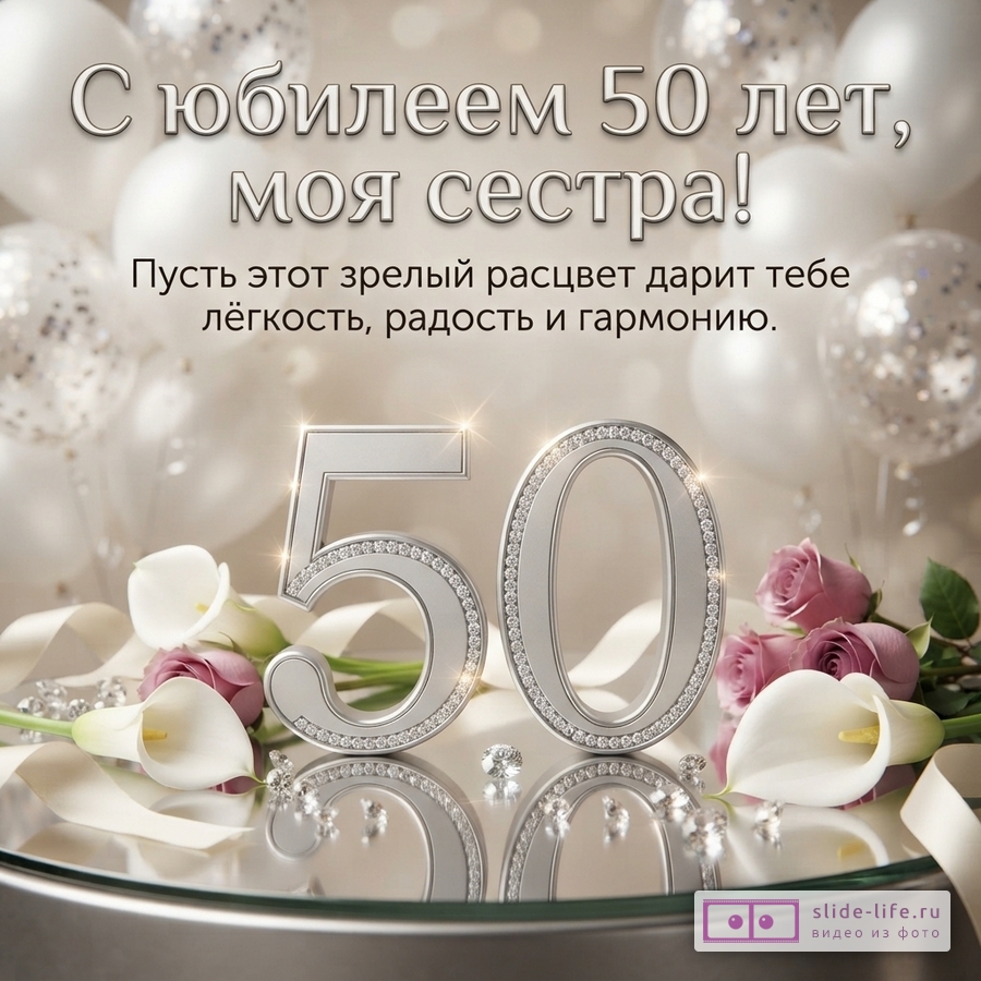 Фон из белых воздушных шаров, на переднем плане объемные цифры «50» из серебра с инкрустацией бриллиантами, рядом белые каллы и розовые розы. Текст: «С юбилеем 50 лет, моя сестра! Пусть этот зрелый расцвет дарит тебе лёгкость, радость и гармонию.»