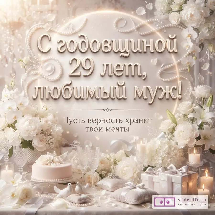 Светлый фон, белые цветы, жемчужные бусы, свечи, торт, подарки. Текст: «С годовщиной 29 лет, любимый муж! Пусть верность хранит твои мечты»