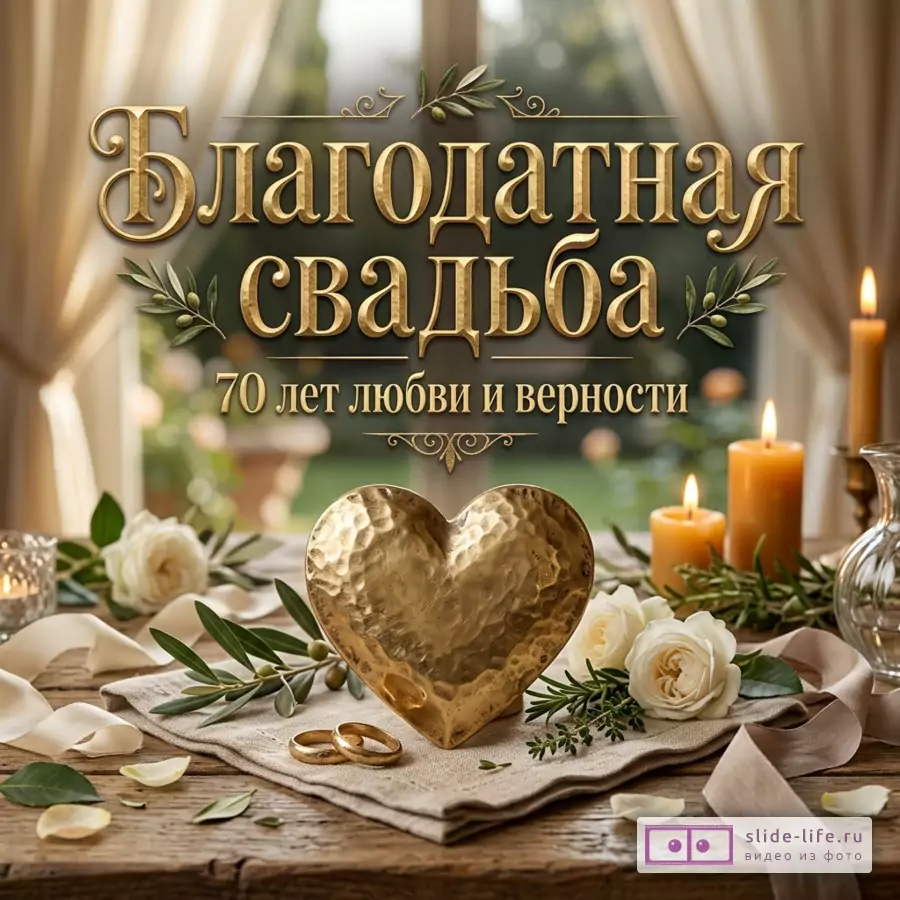 Золотистая надпись «Благодатная свадьба 70 лет любви и верности», интерьер в бежево-зеленых тонах, золотое сердце, обручальные кольца, белые розы, свечи, оливковые ветви
