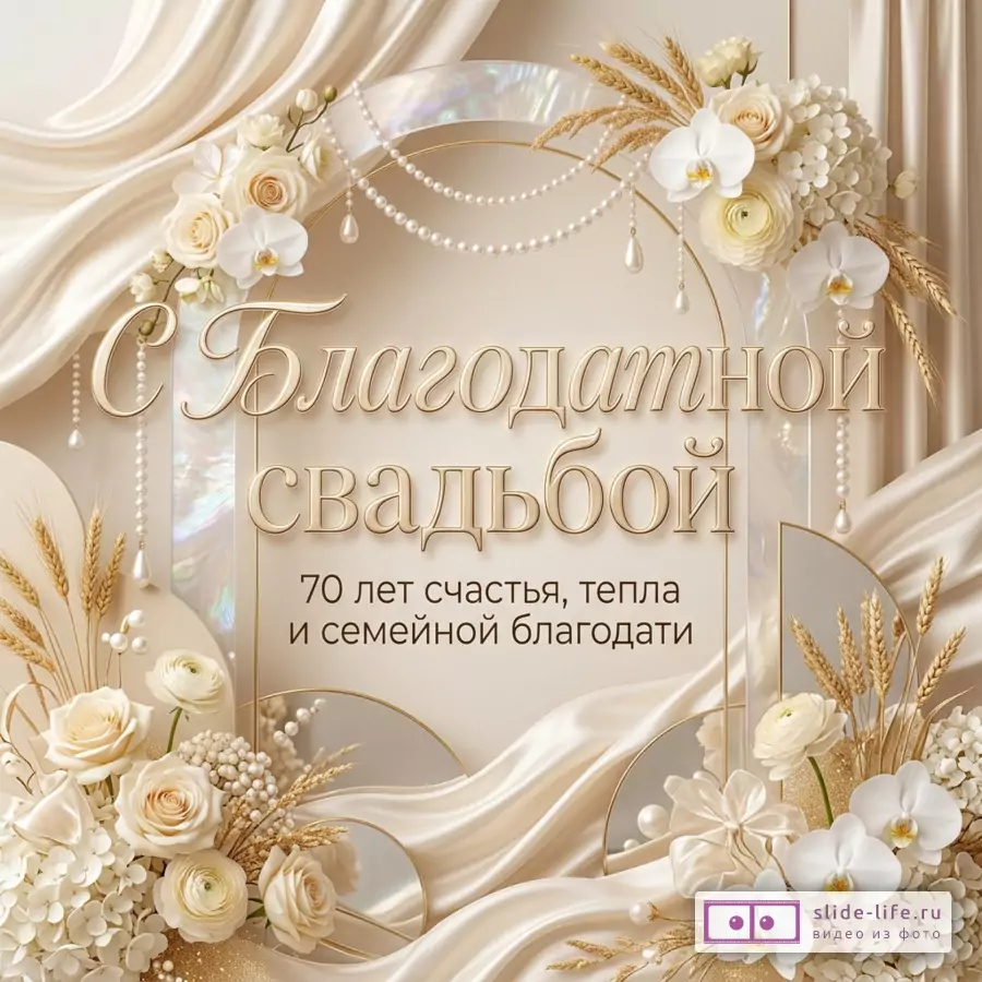 Бежевая поздравительная открытка с белыми цветами, жемчужными нитями, колосьями, шелковыми драпировками и текстом «С Благодатной свадьбой 70 лет счастья, тепла и семейной благодати»