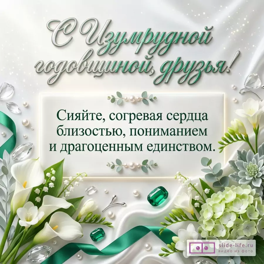 Белая открытка с зелёной лентой, белыми цветами, гортензией, ландышами, жемчугом, кристаллами и изумрудными камнями, текст «С Изумрудной годовщиной, друзья! Сияйте, согревая сердца близостью, пониманием и драгоценным единством.»