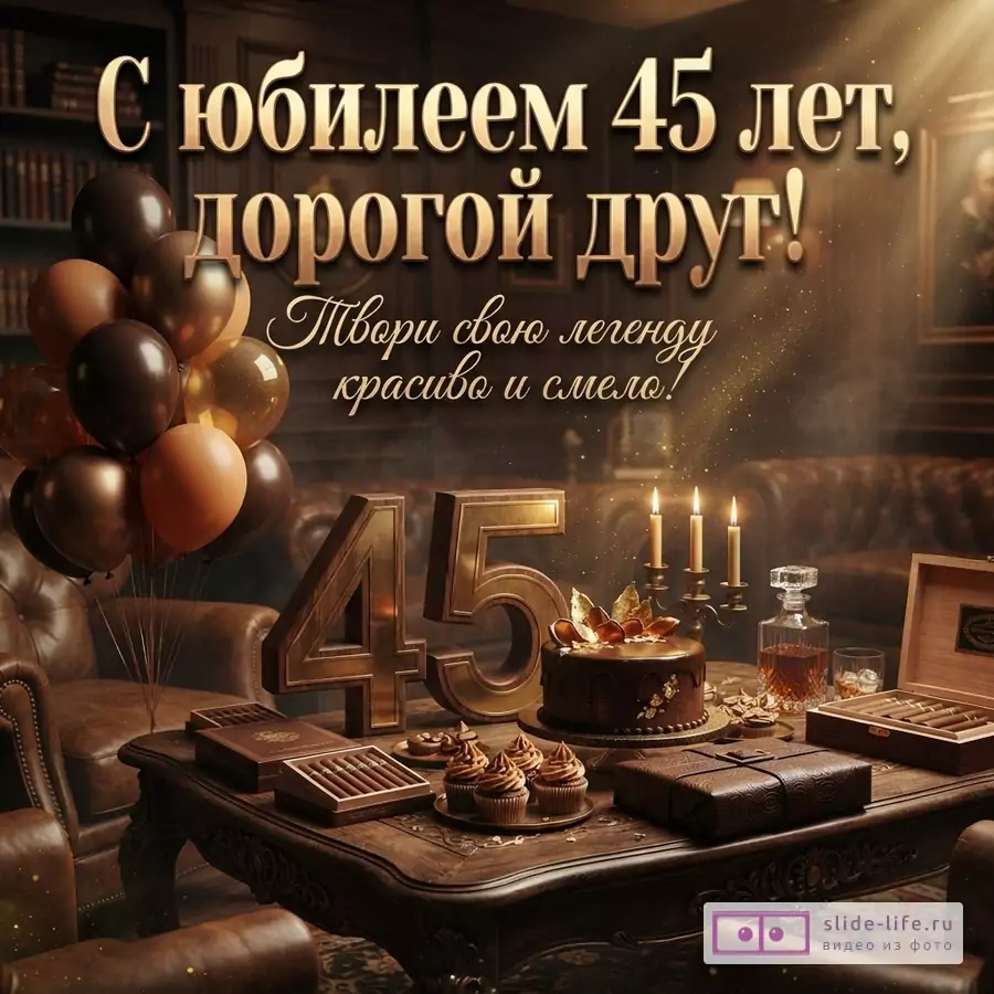 Темно-коричневый фон, золотые буквы. Надпись «С юбилеем 45 лет, дорогой друг! Твори свою легенду красиво и смело!». Золотые шары, шоколадный торт, кексы, сигары, бутылка виски, свечи, цифры 45.
