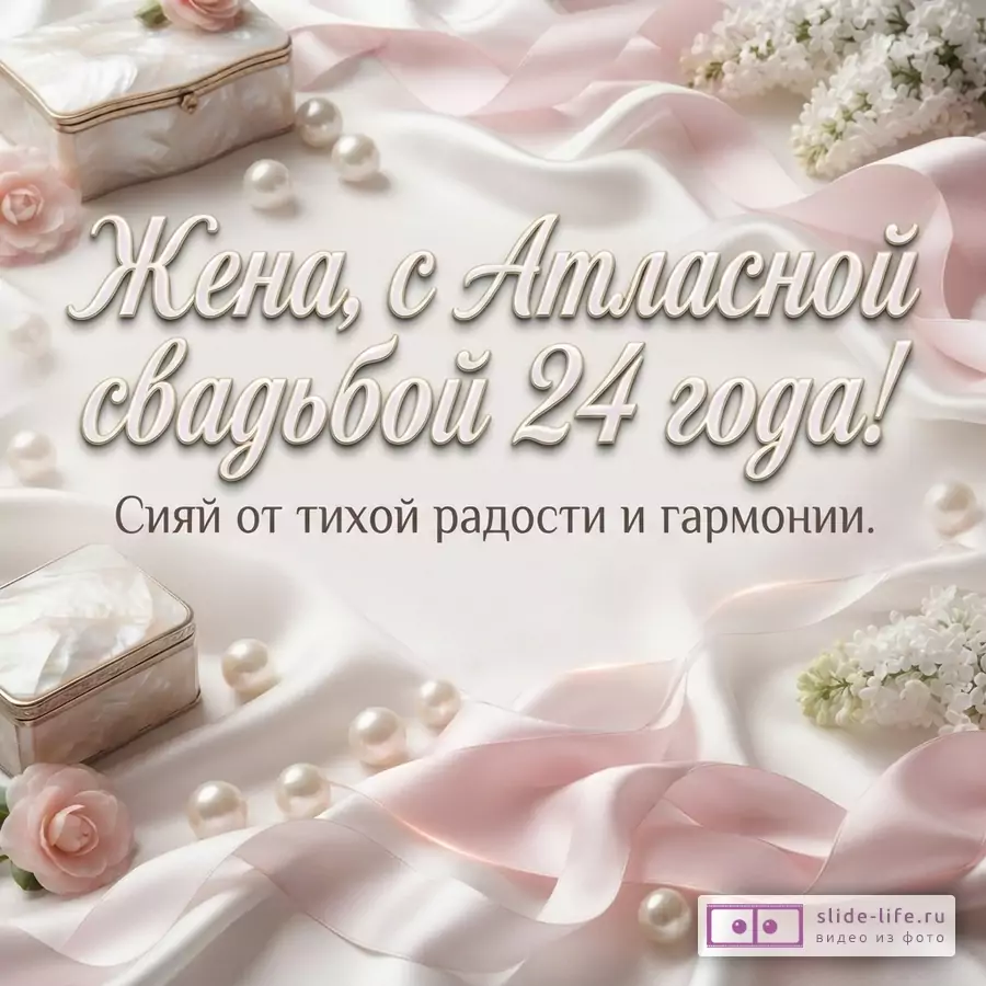 Шелковая драпировка кремового оттенка, жемчужины, шкатулки и текст «Жена, с Атласной свадьбой 24 года! Сияй от тихой радости и гармонии.»