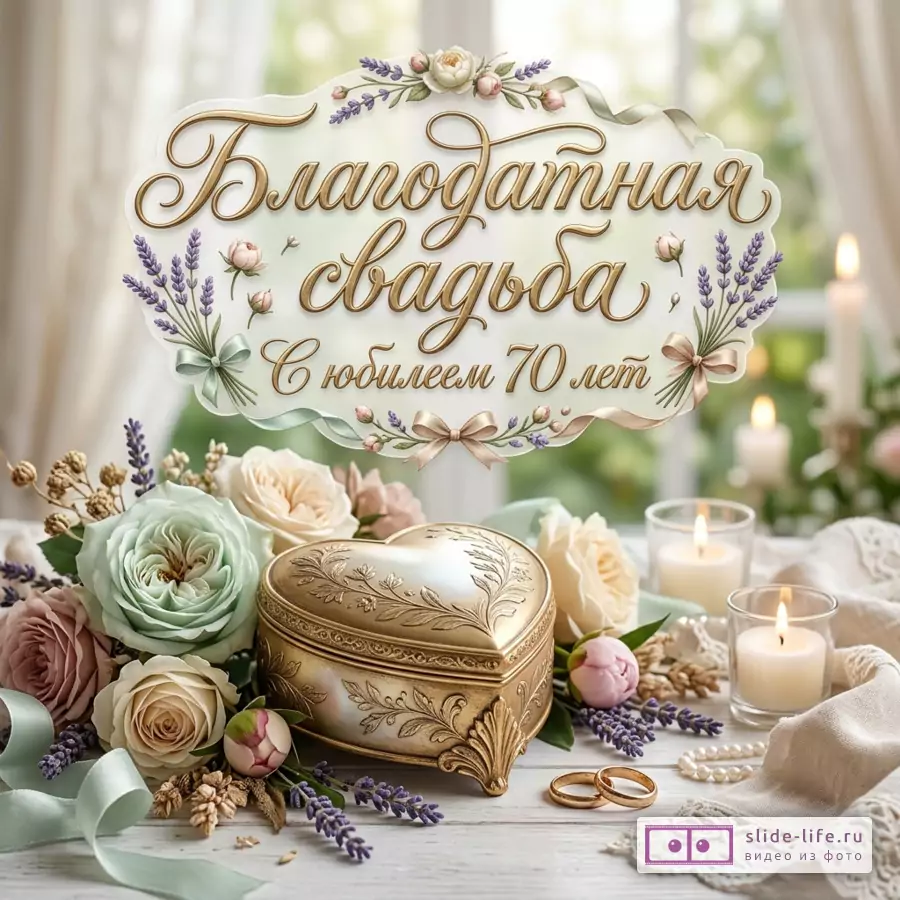 Открытка с надписью «Благодатная свадьба, С юбилеем 70 лет», светлый размытый фон, фигурная табличка с цветами и лентами, шкатулка в форме сердца, розы, свечи, кольца