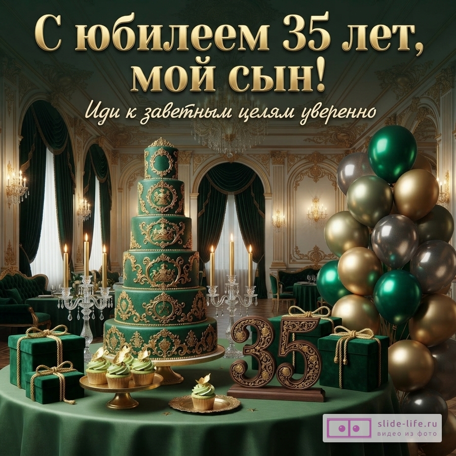 Большой зеленый многоярусный торт с золотым декором, воздушные шары, подарки и надпись «С юбилеем 35 лет, мой сын! Иди к заветным целям уверенно».