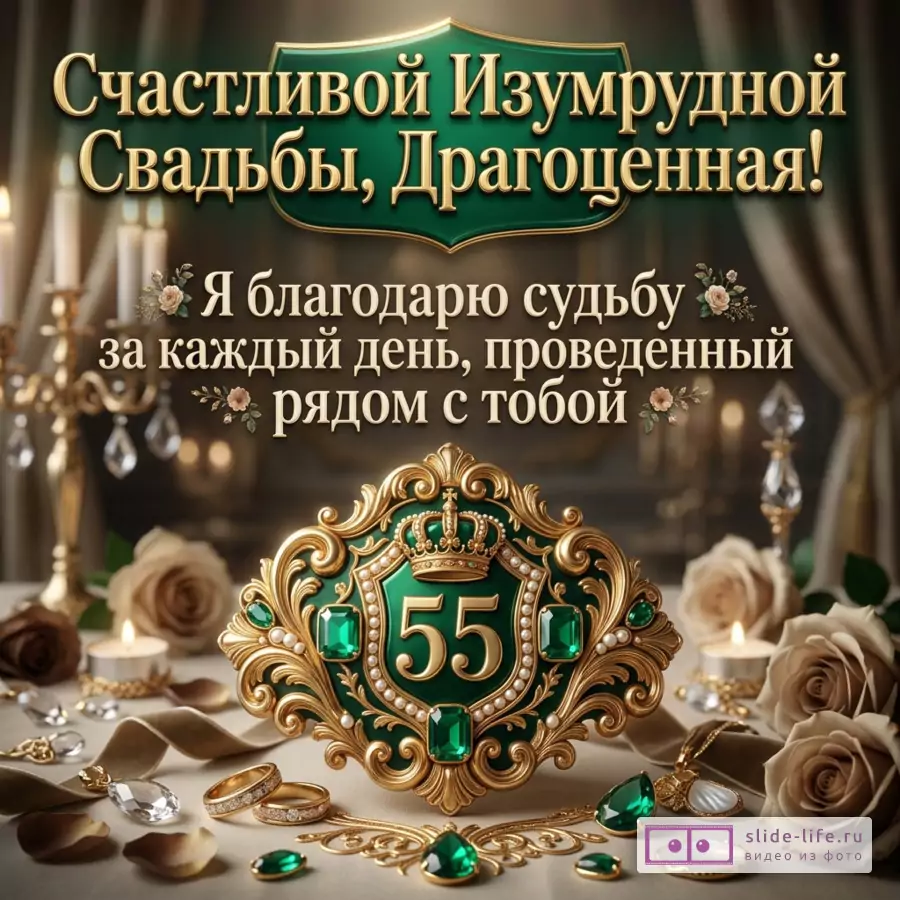 Открытка с текстом «Счастливой Изумрудной Свадьбы, Драгоценная! Я благодарю судьбу за каждый день, проведенный рядом с тобой», зеленый и золотой фон, свечи, розы, кольца, герб с числом 55, изумруды, корона