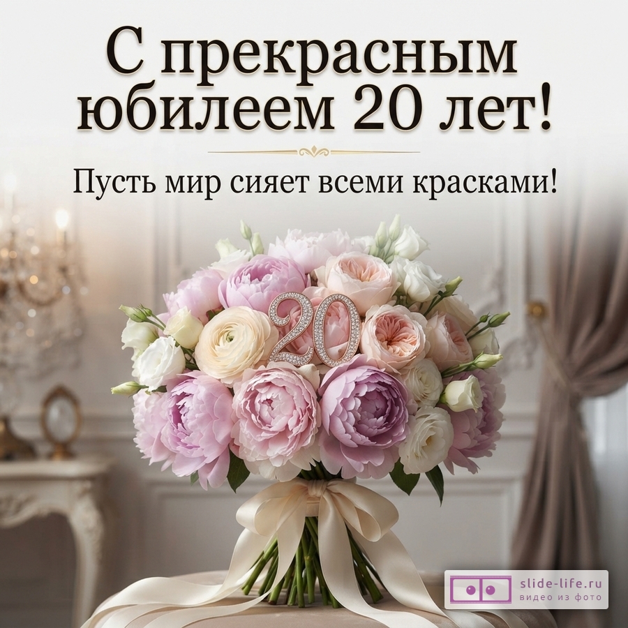 Бежевый фон, букет розовых и белых цветов, цифра «20», текст «С прекрасным юбилеем 20 лет! Пусть мир сияет всеми красками!»