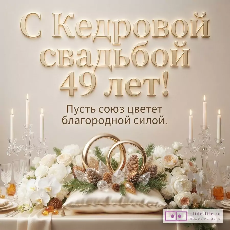 Бежевый фон, золотые буквы, свечи, цветы, шишки, обручальные кольца. Текст: «С Кедровой свадьбой 49 лет! Пусть союз цветет благородной силой.»
