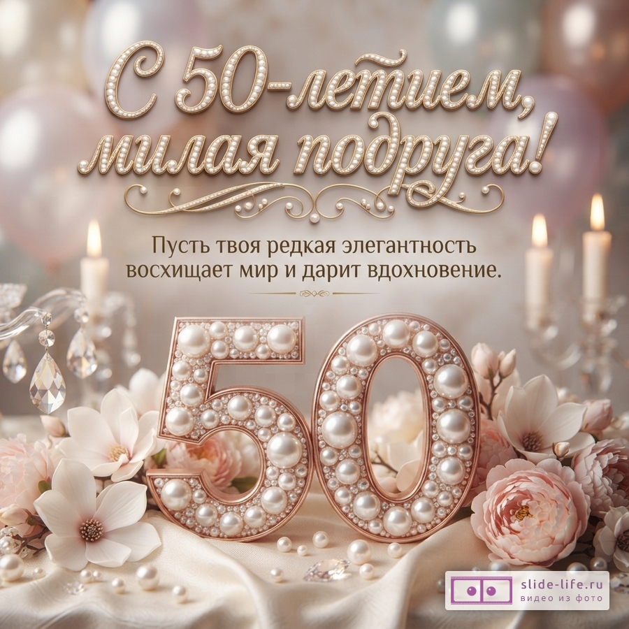 Открытка с бежевым фоном, золотистыми буквами с жемчугом, надпись «С 50-летием, милая подруга! Пусть твоя редкая элегантность восхищает мир и дарит вдохновение.», цифры 50 из жемчуга, розовые цветы, свечи.