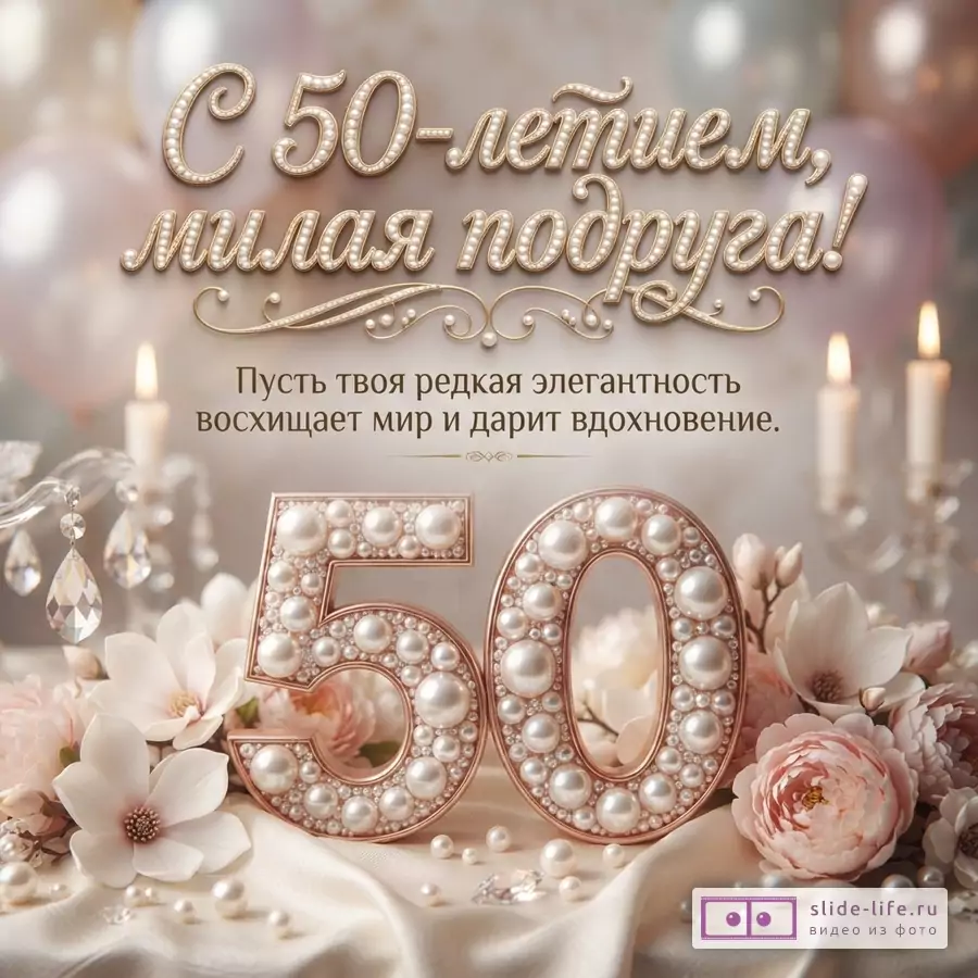 Открытка с бежевым фоном, золотистыми буквами с жемчугом, надпись «С 50-летием, милая подруга! Пусть твоя редкая элегантность восхищает мир и дарит вдохновение.», цифры 50 из жемчуга, розовые цветы, свечи.