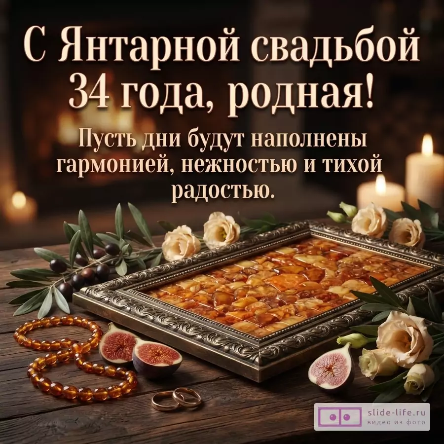 Темный фон, свечи, янтарная картина в рамке, янтарные бусы, инжир, обручальные кольца. Текст: «С Янтарной свадьбой 34 года, родная! Пусть дни будут наполнены гармонией, нежностью и тихой радостью.»