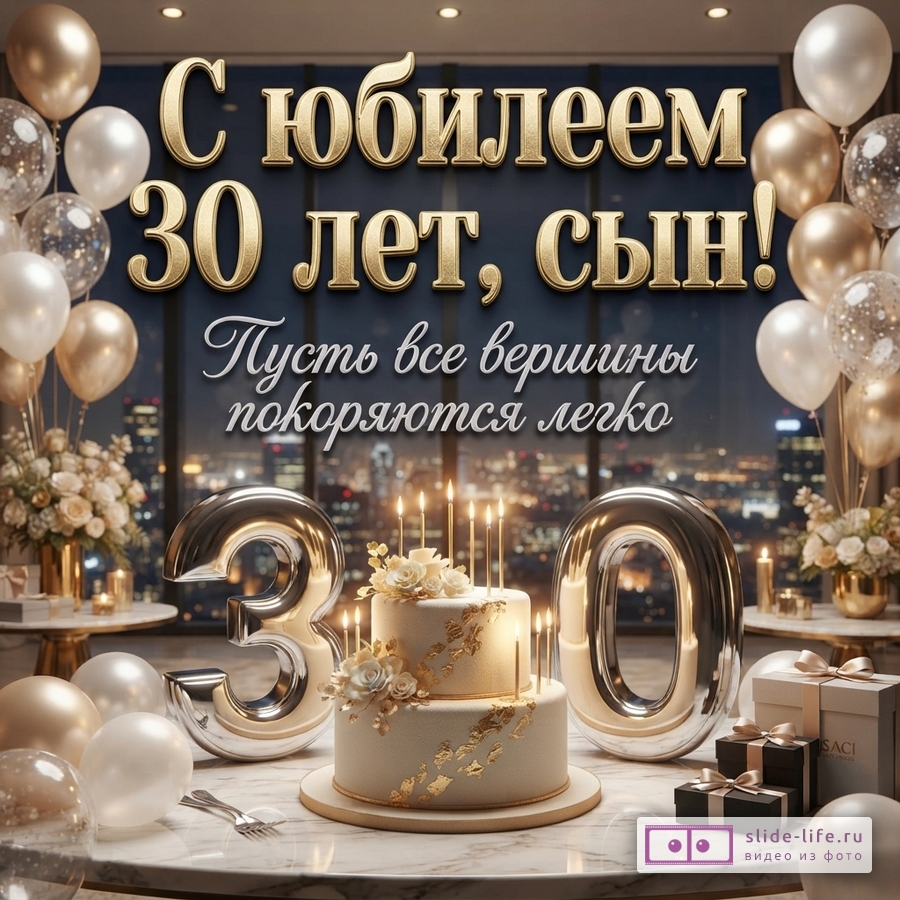 Праздничный двухъярусный торт со свечами, зеркальные цифры 30, воздушные шары и надпись «С юбилеем 30 лет, сын! Пусть все вершины покоряются легко».