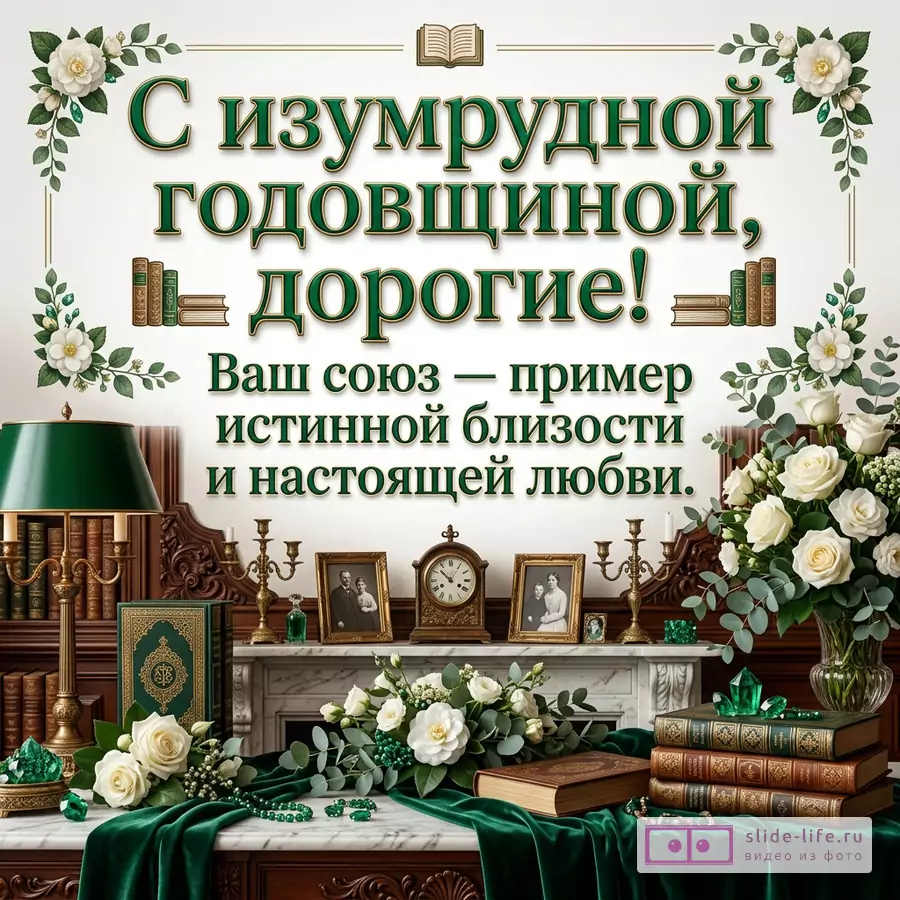 Открытка с текстом «С ИЗУМРУДНОЙ СВАДЬБОЙ, ЛЮБИМЫЕ! ВАШ СОЮЗ — ПРИМЕР ИСТИННОЙ БЛИЗОСТИ, НЕОСПОРИМОЙ.» белый фон, зеленые шторы, книжные полки, белые цветы, свечи, камин, изумрудные лампы