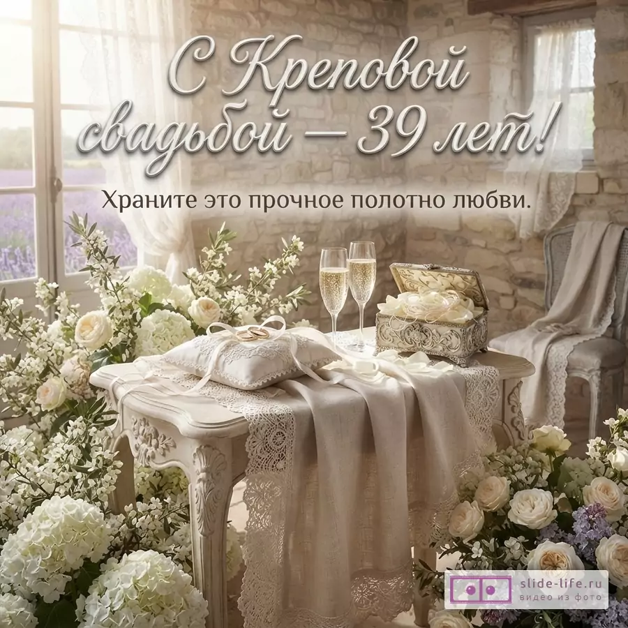 Фон окна с видом на лавандовое поле, каменная стена, стол с белой скатертью, подушечка для колец, два бокала шампанского, шкатулка с лепестками, белые цветы. Текст: «С Креповой свадьбой — 39 лет! Храните это прочное полотно любви.»