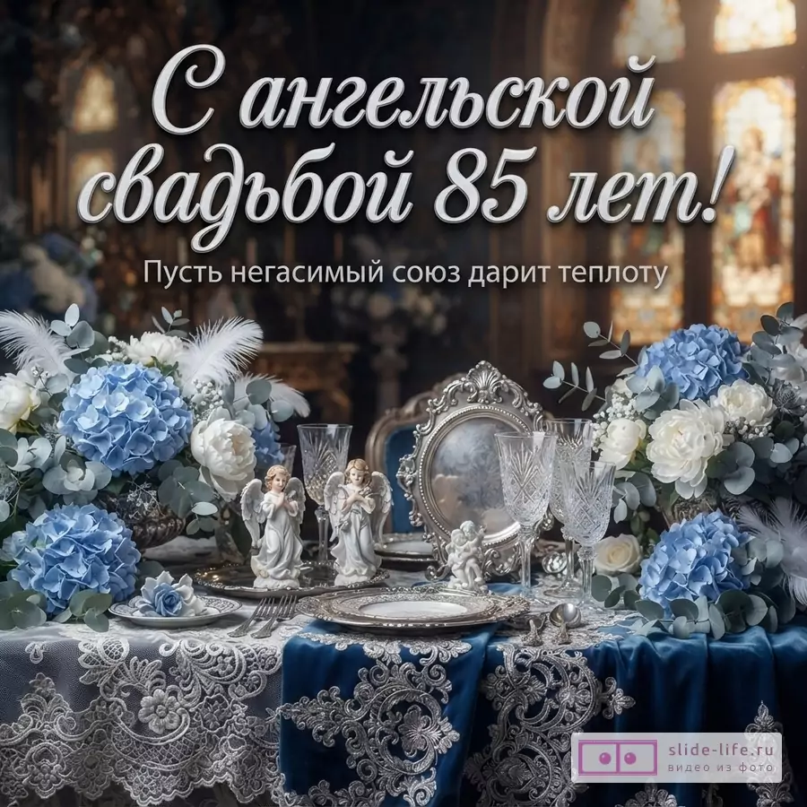 Серебристая надпись «С ангельской свадьбой 85 лет! Пусть негасимый союз дарит теплоту» на фоне праздничного стола с ангелами, цветами, бокалами и синим декором
