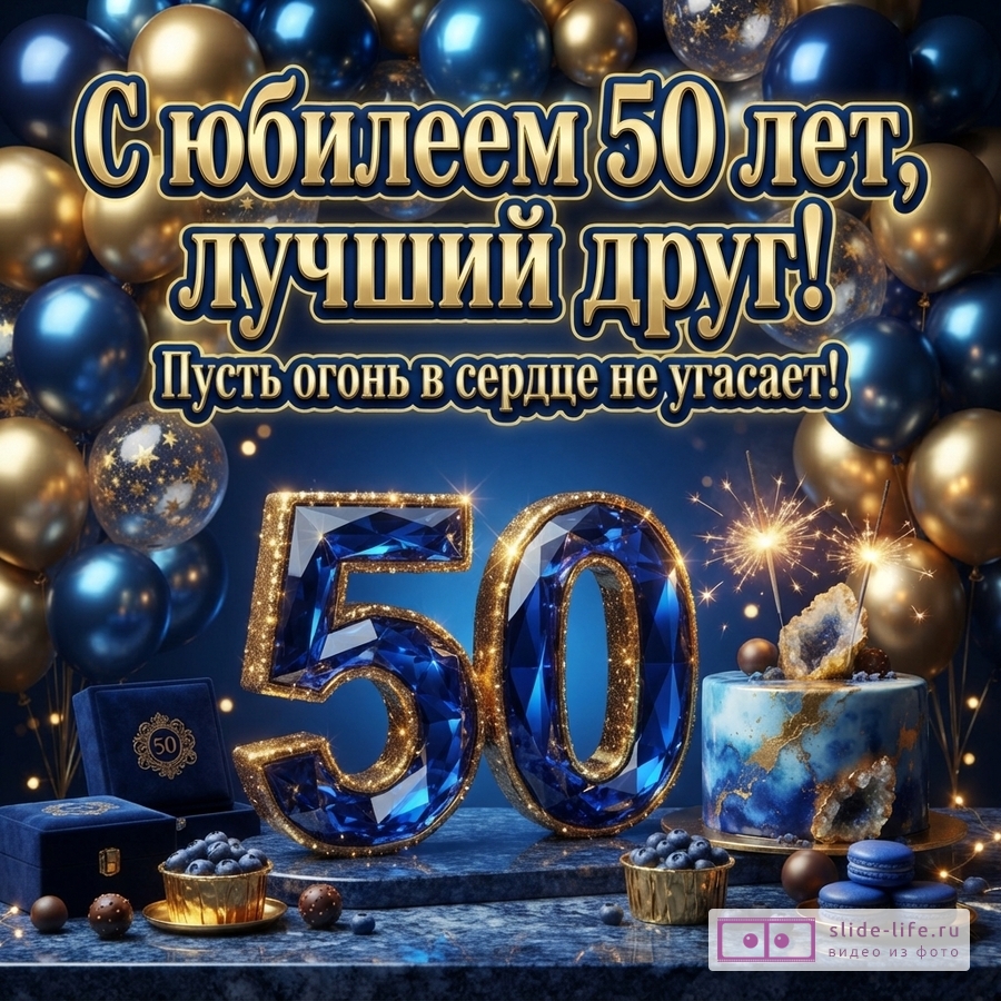 Синий фон, золотые и синие шары, золотые буквы с синим контуром, текст «С юбилеем 50 лет, лучший друг! Пусть огонь в сердце не угасает!», большие синие цифры «50» с золотым контуром, торт, пирожные, ягоды.