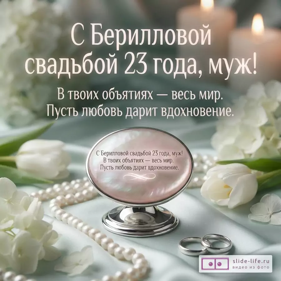 Серо-зелёный фон, белые цветы, свечи, жемчуг и кольца. Текст: «С Берилловой свадьбой 23 года, муж! В твоих объятиях — весь мир. Пусть любовь дарит вдохновение.»
