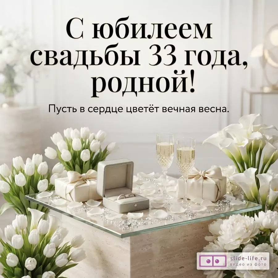 Бежевый фон, золотистый текст, белые цветы, бокалы с шампанским, подарочные коробки, кольца. Текст: «С юбилеем свадьбы 33 года, родной! Пусть в сердце цветёт вечная весна.»