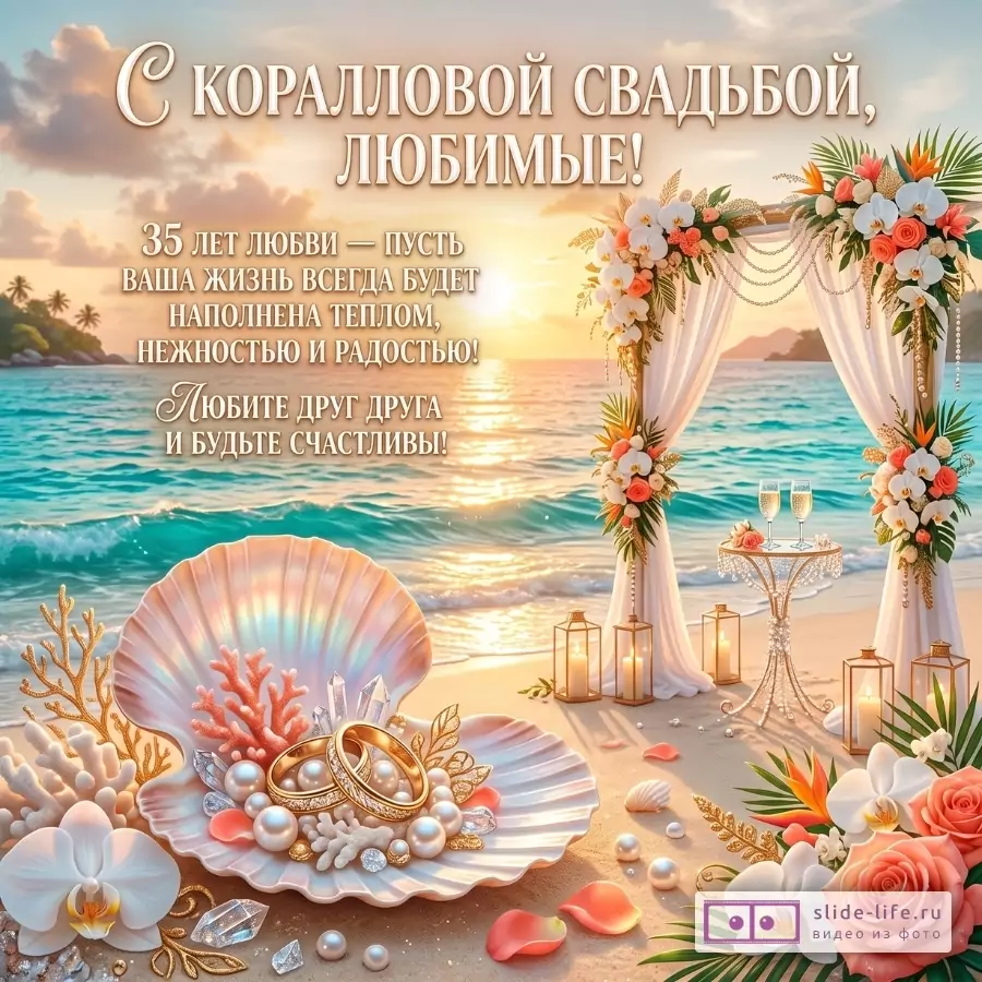 Пляжный закат, бирюзовое море, цветочная арка, свечи, ракушки и золотые кольца. Текст: «С коралловой свадьбой, любимые! 35 лет любви — пусть ваша жизнь всегда будет наполнена теплом, нежностью и радостью!»