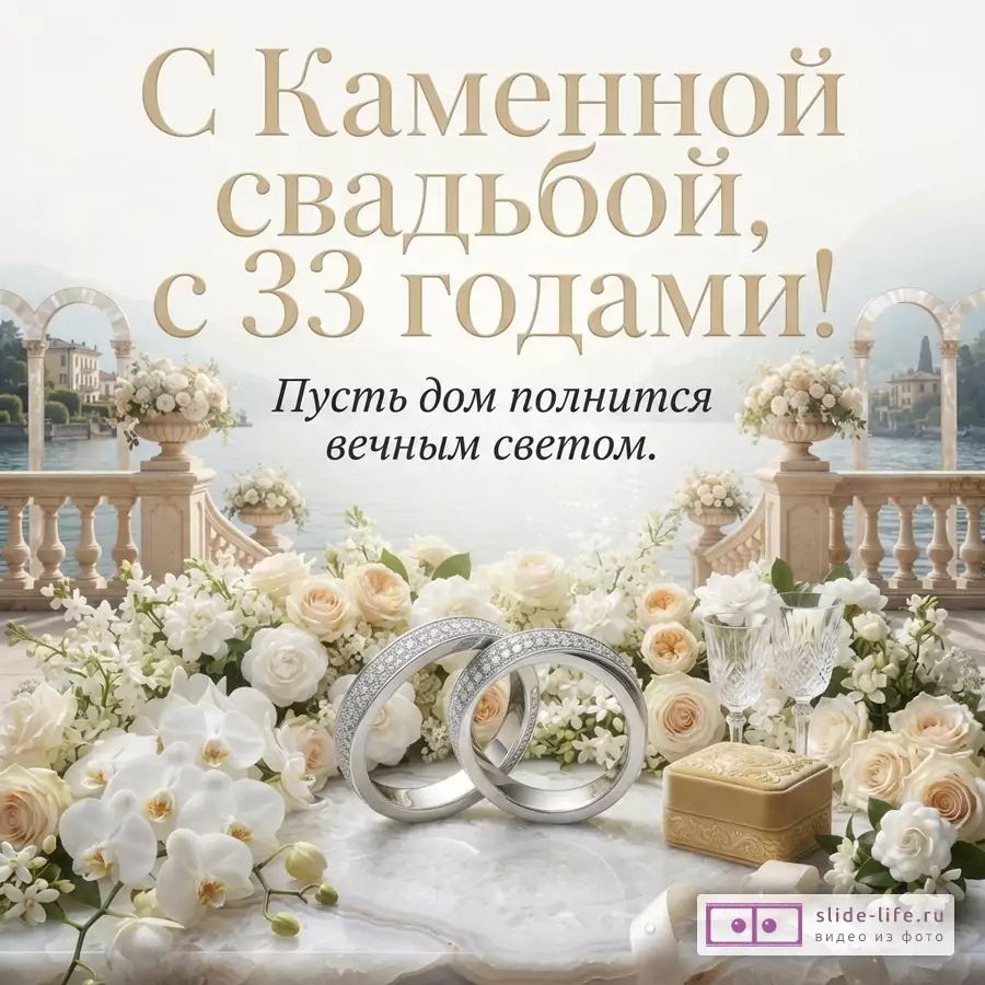 Открытка с Каменной свадьбой, 33 года. Фон светлый, бежевый, с видом на озеро и архитектуру. На переднем плане белые и кремовые розы, орхидеи, два обручальных кольца с бриллиантами, золотая шкатулка, два бокала. Текст: «С Каменной свадьбой, с 33 годами! Пусть дом полнится вечным светом.»