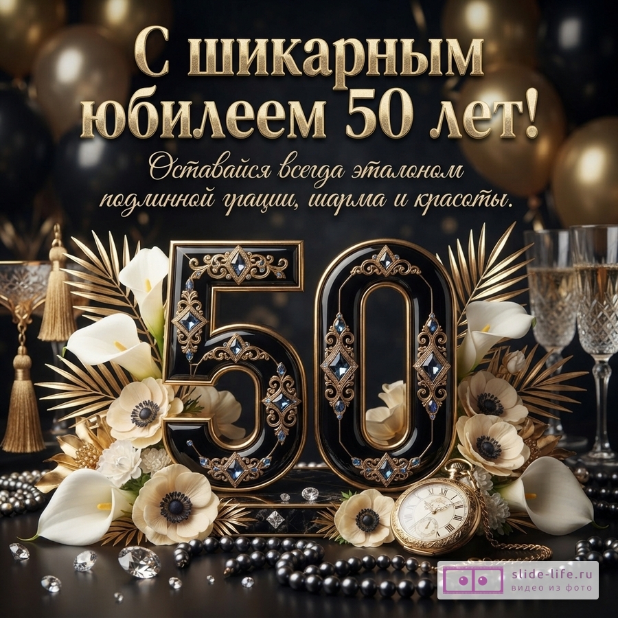 Черно-золотая открытка с юбилеем 50 лет. На черном фоне золотые шары. В центре крупные черные цифры «50» с золотым орнаментом и синими камнями. Вокруг цифр белые каллы, бежевые анемоны, золотые листья, черные бусы, бриллианты, золотые часы. Текст сверху: «С шикарным юбилеем 50 лет! Оставайся всегда эталоном подлинной грации, шарма и красоты.»