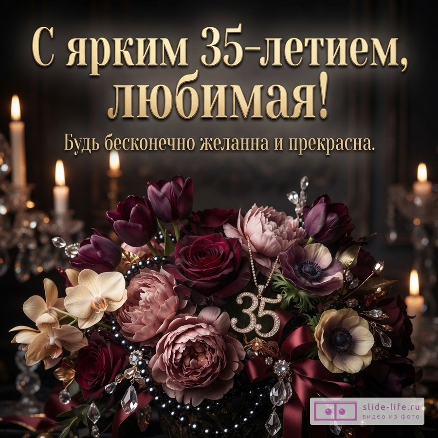 Темный фон, золотой текст, букет цветов бордового, розового и бежевого оттенков, черные бусы, подвеска с цифрой «35». Текст: «С ярким 35-летием, любимая! Будь бесконечно желанна и прекрасна.»