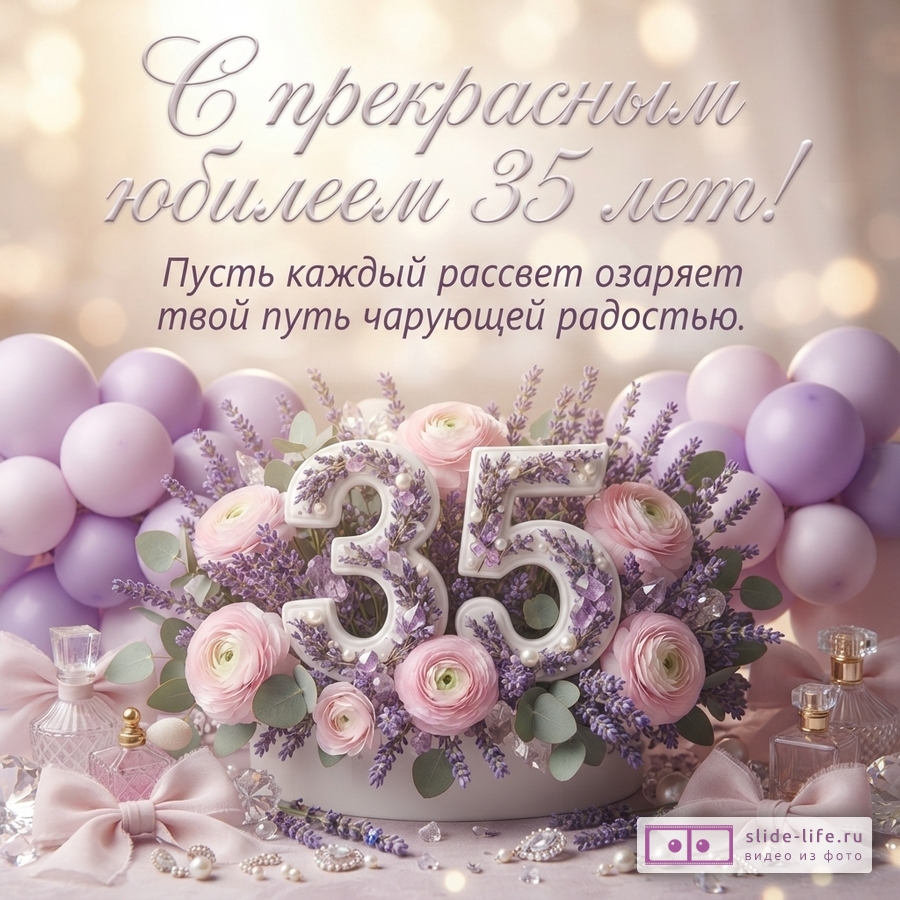 Объемная цифра 35 среди розовых ранункулюсов, веточек лаванды, сиреневых шаров и флаконов духов с текстом «С прекрасным юбилеем 35 лет! Пусть каждый рассвет озаряет твой путь чарующей радостью.»