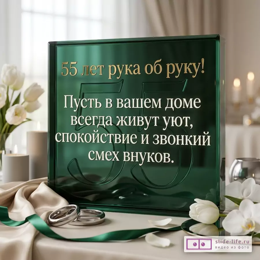 Зеленая стеклянная открытка, золотой и белый текст «55 лет рука об руку! Пусть в вашем доме всегда живут уют, спокойствие и звонкий смех внуков.», белые цветы, свечи, обручальные кольца, зеленая лента