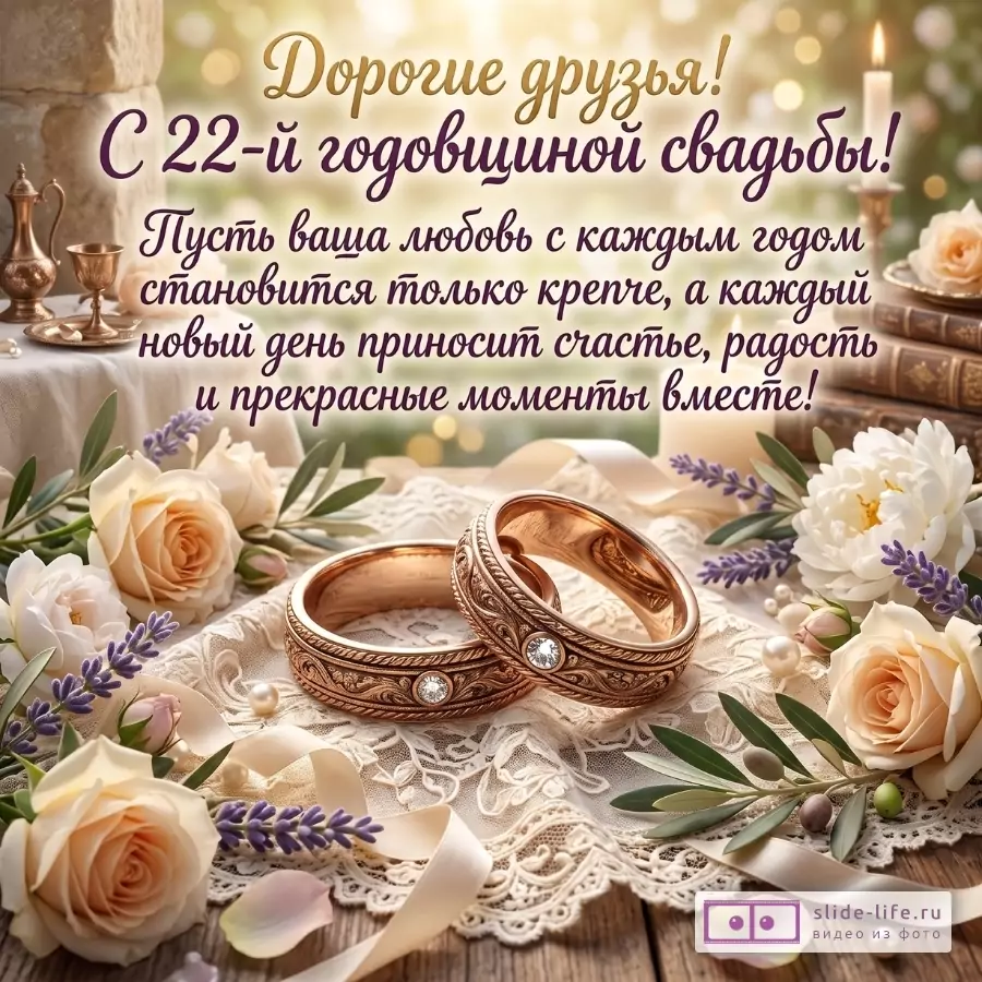 Бежево-золотой фон с боке, розами, лавандой, кружевом и двумя бронзовыми кольцами; текст: «Дорогие друзья! С 22-й годовщиной свадьбы!»