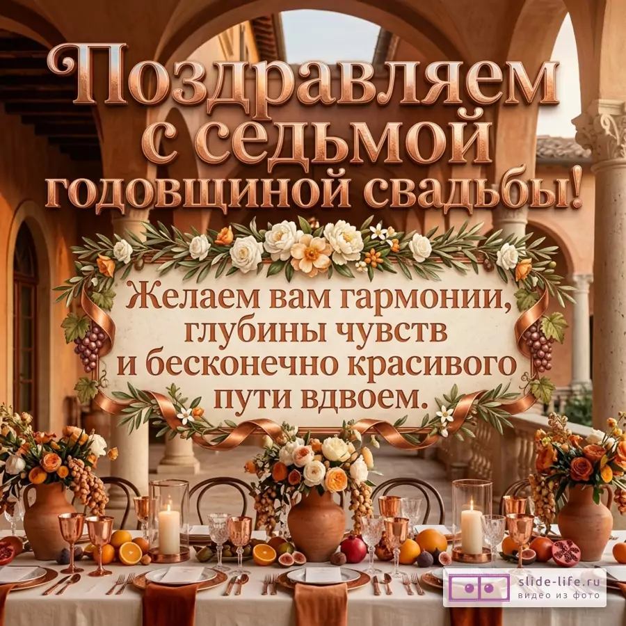 Бежево-медная открытка с арками, цветочной гирляндой, столом со свечами и фруктами, текст «Поздравляем с седьмой годовщиной свадьбы!»