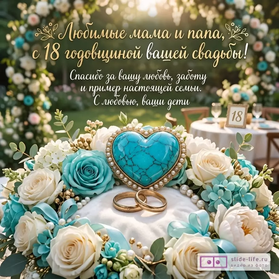 Бирюзово-белая свадебная открытка с цветами, сердцем и кольцами; фон зеленый сад. Текст: «Любимые мама и папа, с 18 годовщиной вашей свадьбы! Спасибо за вашу любовь, заботу и пример настоящей семьи. С любовью, ваши дети»