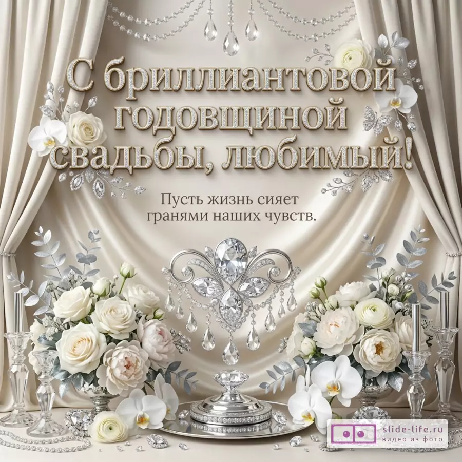 Бежевая открытка с серебристыми шторами, кристаллами, белыми цветами и подсвечниками, текст «С бриллиантовой свадьбой, любимый! Пусть жизнь сияет гранями ваших чувств.»