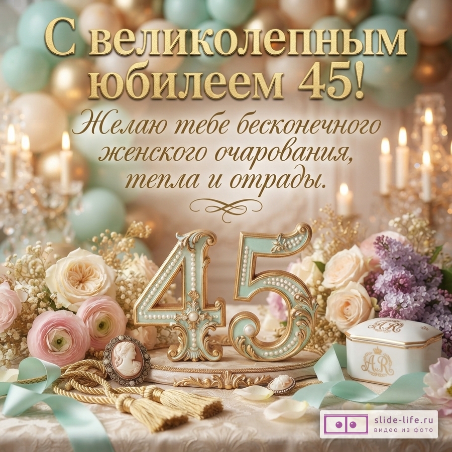 Открытка с золотыми буквами на фоне воздушных шаров и свечей. Внизу объемные цифры 45, цветы, шкатулка и украшения. Текст: «С великолепным юбилеем 45! Желаю тебе бесконечного женского очарования, тепла и отрады.»