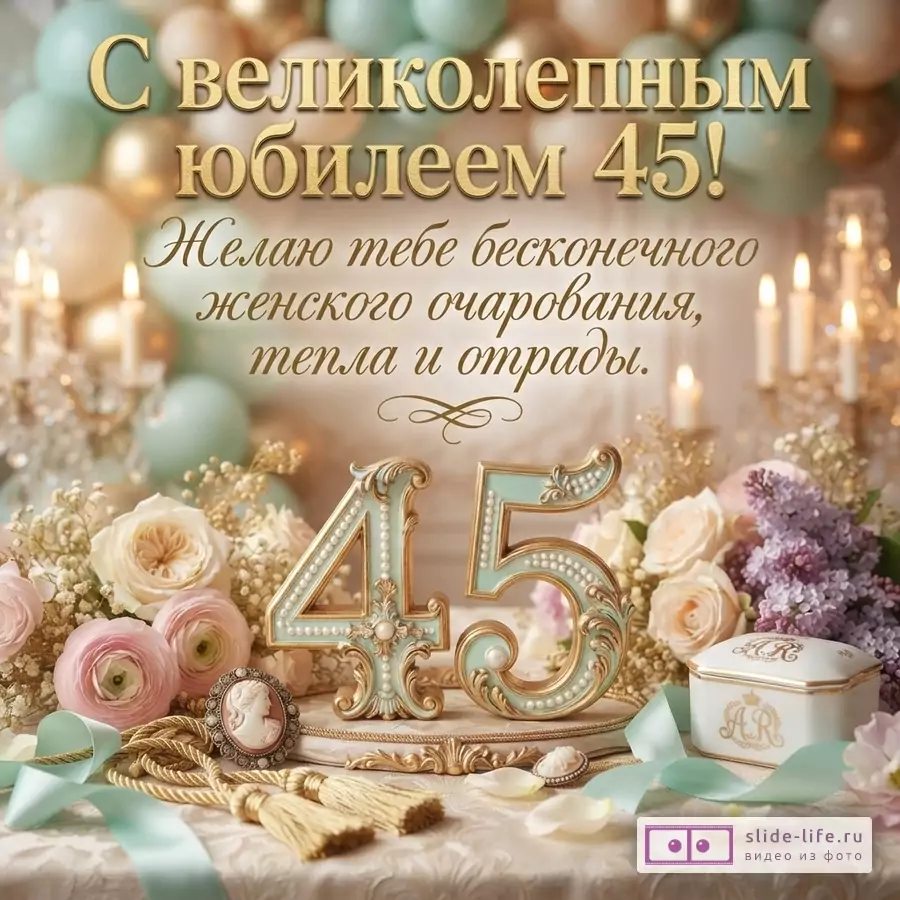 Открытка с золотыми буквами на фоне воздушных шаров и свечей. Внизу объемные цифры 45, цветы, шкатулка и украшения. Текст: «С великолепным юбилеем 45! Желаю тебе бесконечного женского очарования, тепла и отрады.»