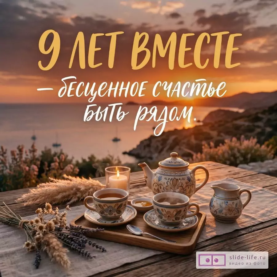 Оранжево-розовый закат у моря, деревянный стол с чайником, двумя чашками, свечой и сухоцветами. Текст «9 ЛЕТ ВМЕСТЕ — Бесценное счастье быть рядом...».