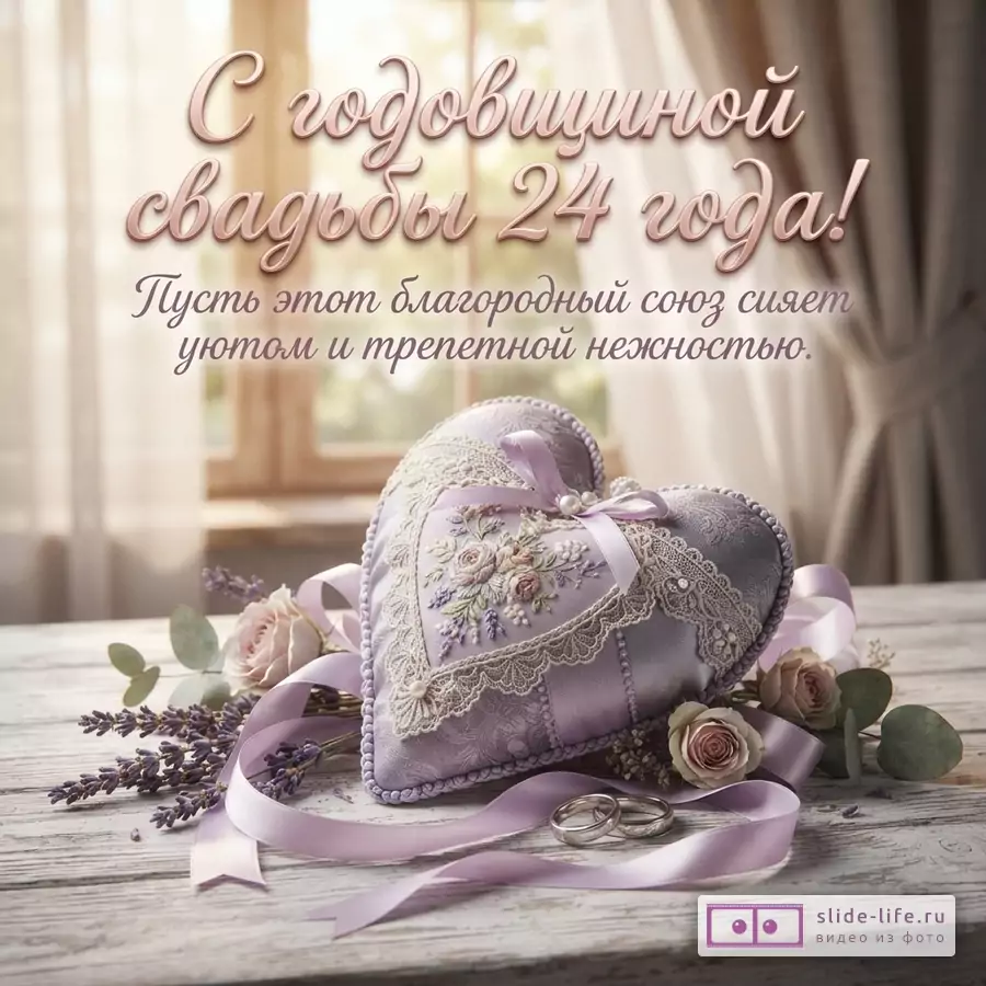 Шитое сердце с кружевом, обручальные кольца и ветки лаванды на деревянном столе с надписью «С годовщиной свадьбы 24 года! Пусть этот благородный союз сияет уютом и трепетной нежностью.»