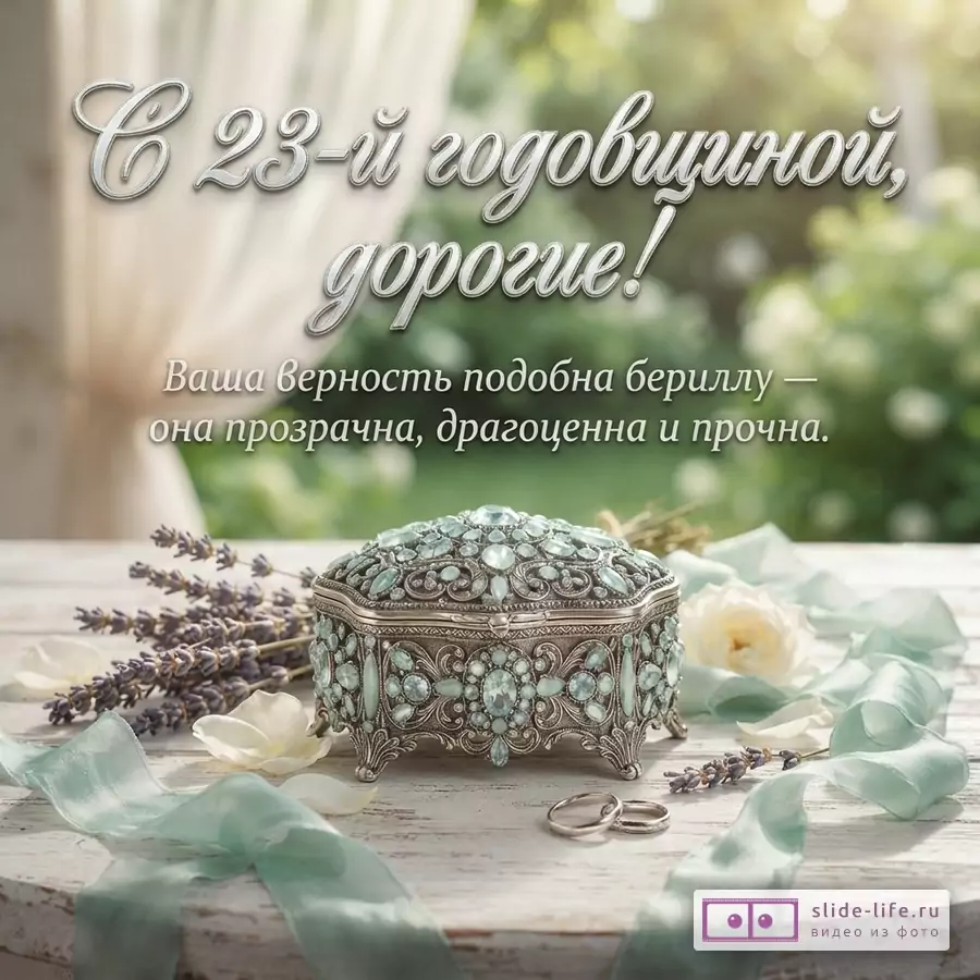 Винтажная шкатулка со светлыми камнями, лаванда, обручальные кольца на деревянном столе и текст «С 23-й годовщиной, дорогие! Ваша верность подобна бериллу — она прозрачна, драгоценна и прочна.»
