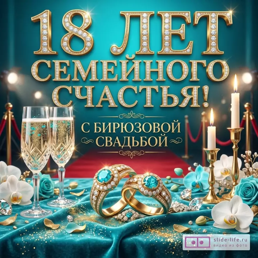 Бирюзово-синий фон, золотые буквы «18 ЛЕТ СЕМЕЙНОГО СЧАСТЬЯ! С БИРЮЗОВОЙ СВАДЬБОЙ», бокалы, кольца, свечи и цветы.