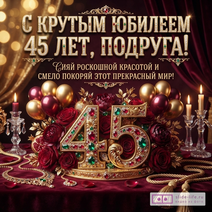 Открытка с золотыми буквами и цифрами 45, украшенными драгоценными камнями, на фоне бордового бархата. Присутствуют красные розы, гранаты, золотые и бордовые шары, свечи. Текст: «С КРУТЫМ ЮБИЛЕЕМ 45 ЛЕТ, ПОДРУГА! СИЯЙ РОСКОШНОЙ КРАСОТОЙ И СМЕЛО ПОКОРЯЙ ЭТОТ ПРЕКРАСНЫЙ МИР!»