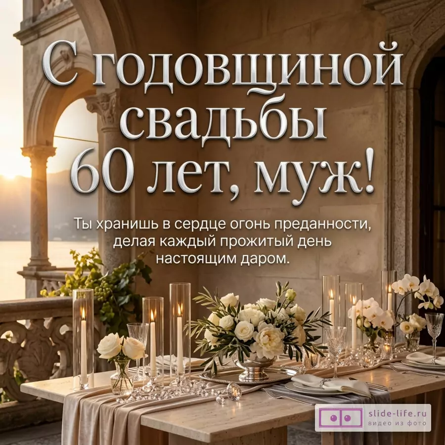 аркада у моря на закате, сервированный стол со свечами, белыми цветами и бокалами, бежево-золотистый фон, текст «С годовщиной свадьбы 60 лет, муж! Ты хранишь в сердце огонь преданности, делая каждый прожитый день настоящим даром.»