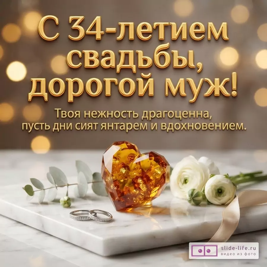 Открытка с золотыми буквами на коричневом фоне с боке, янтарное сердце, два кольца, белые цветы, бежевая лента. Текст: «С 34-летием свадьбы, дорогой муж! Твоя нежность драгоценна, пусть дни сият янтарем и вдохновением.»