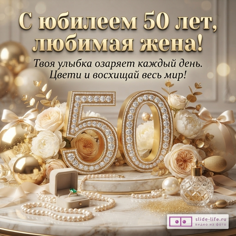 Открытка с бежевым фоном, золотыми шарами, белыми розами и цифрами «50» из золота с бриллиантами. Текст: «С юбилеем 50 лет, любимая жена! Твоя улыбка озаряет каждый день. Цвети и восхищай весь мир!»