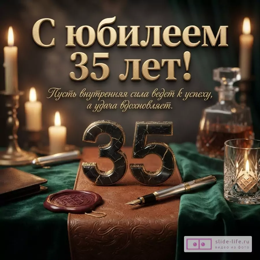 Мраморная цифра 35, перьевая ручка, свечи и графин на зеленом бархате с надписью «С юбилеем 35 лет! Пусть внутренняя сила ведет к успеху, а удача вдохновляет.»