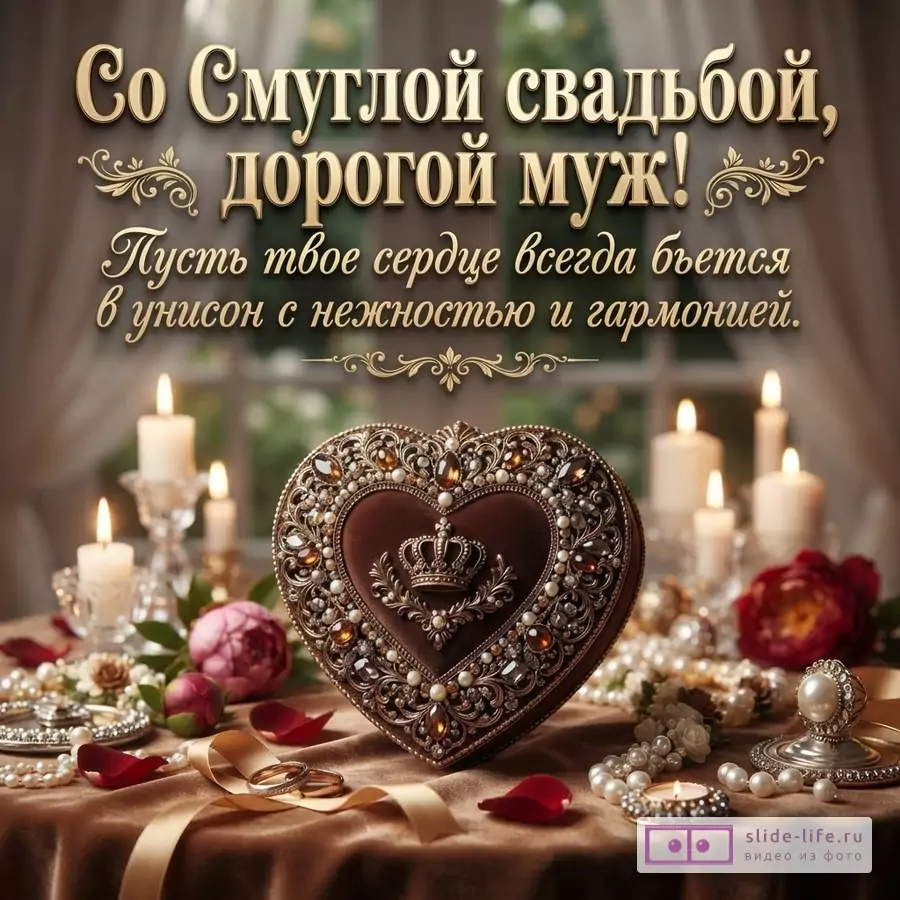 Коричневый фон, декоративная золотая надпись «Со Смуглой свадьбой, дорогой муж! Пусть твое сердце всегда бьется в унисон с нежностью и гармонией.», сердце с короной, свечи, цветы, жемчуг