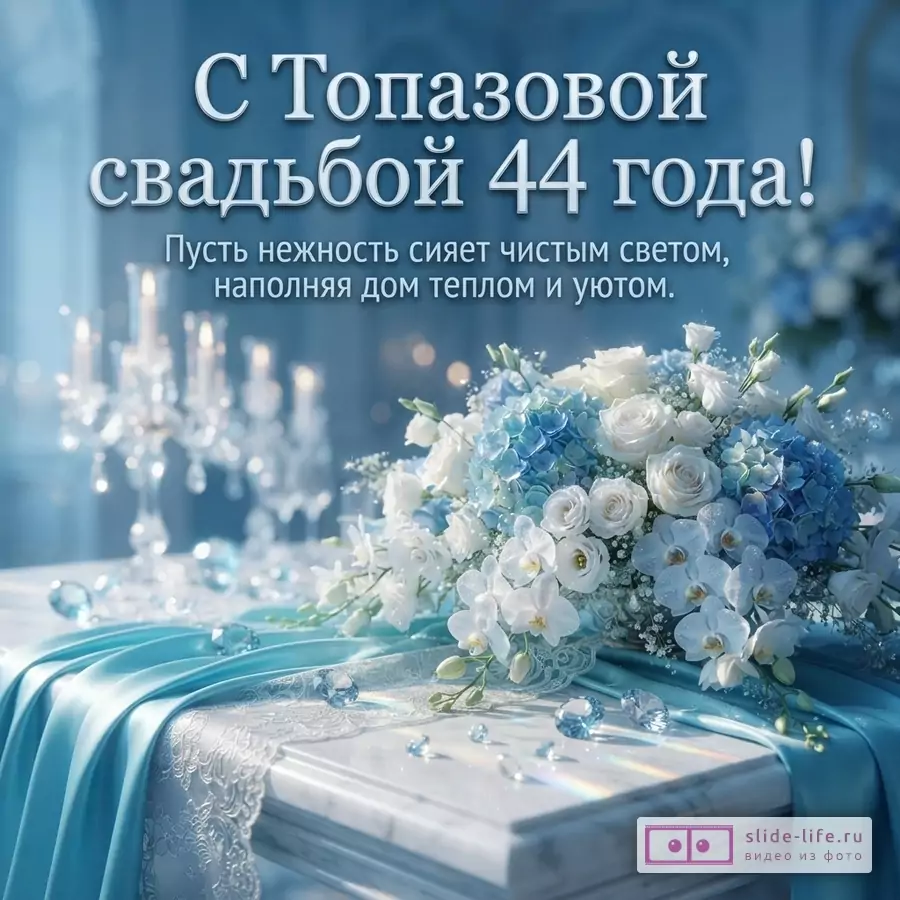 Открытка с голубым фоном, белыми и голубыми цветами, свечами и декоративными камнями. Текст: «С Топазовой свадьбой 44 года! Пусть нежность сияет чистым светом, наполняя дом теплом и уютом.»