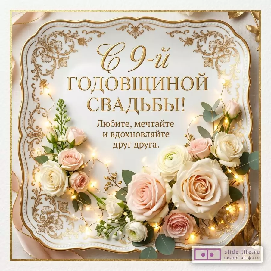 Белый фон с золотой декоративной рамкой, розовыми и белыми розами, зеленью и гирляндой. Текст «С 9-й ГОДОВЩИНОЙ СВАДЬБЫ! Любите, мечтайте и вдохновляйте друг друга.»