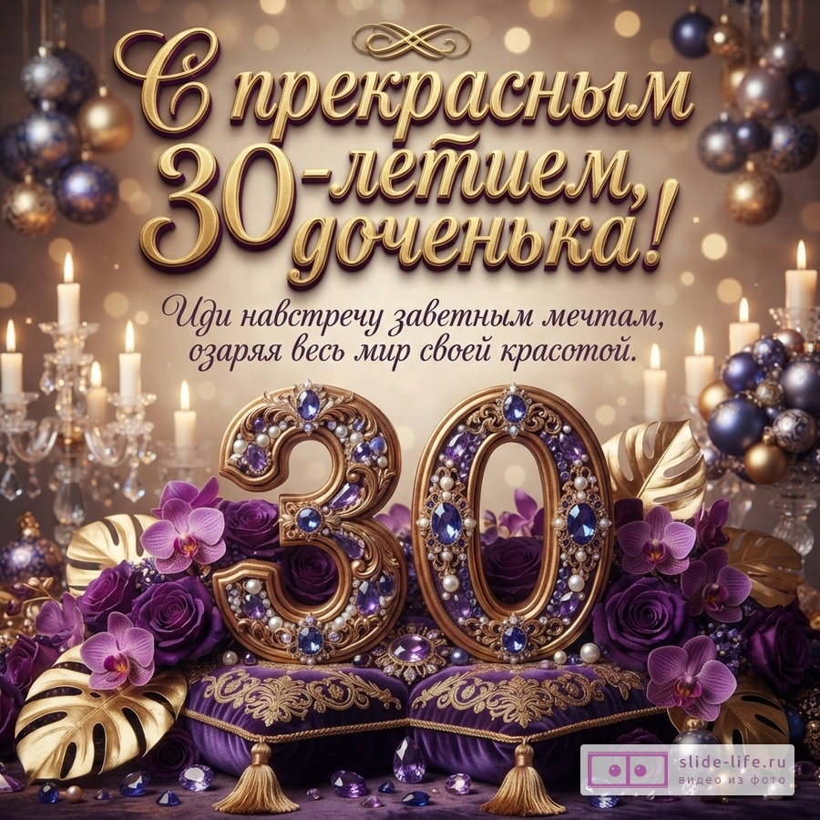 Золотая цифра 30 с сапфирами на фиолетовых подушках среди роз и свечей, надпись: «С прекрасным 30-летием, доченька! Иди навстречу заветным мечтам, озаряя весь мир своей красотой.»